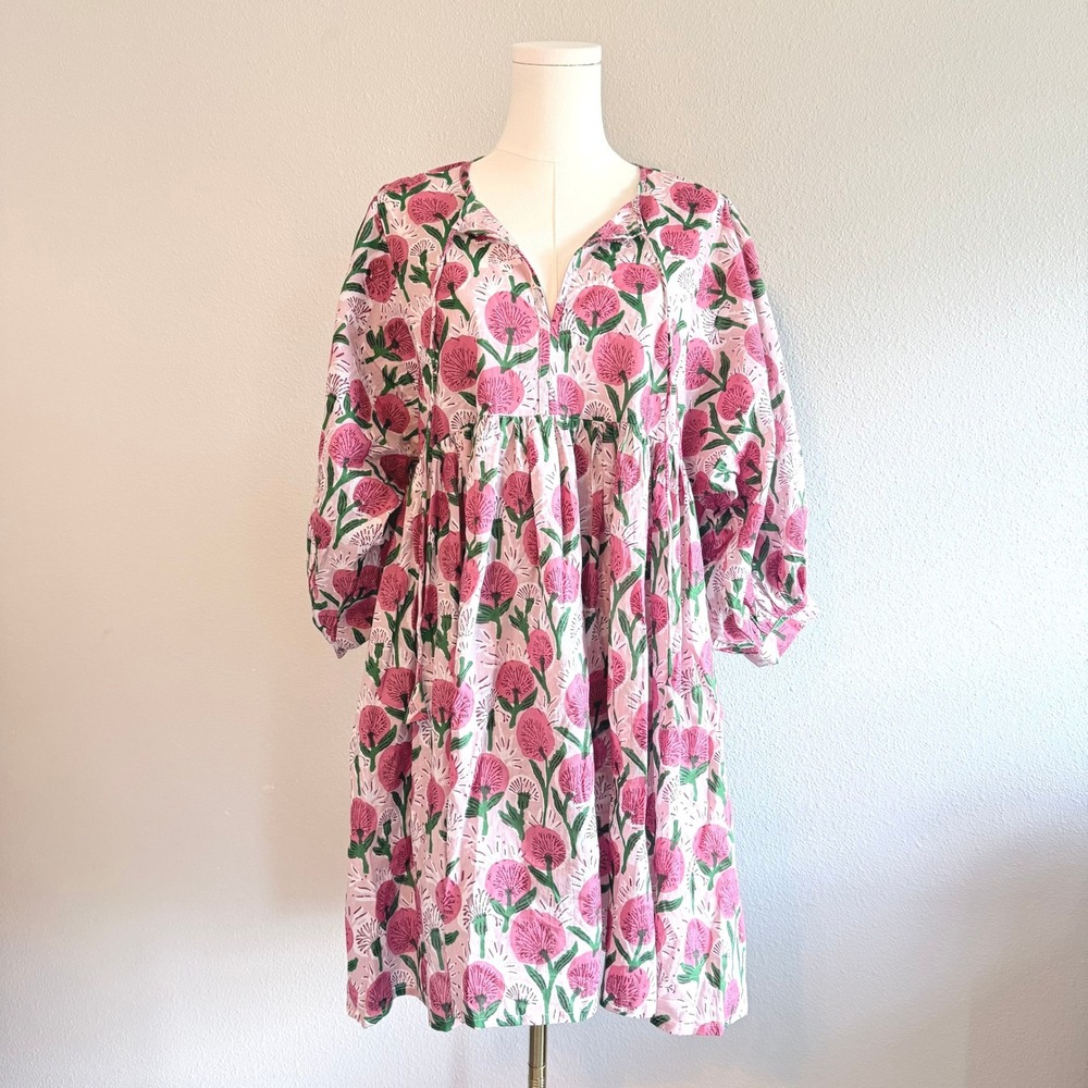 Handmade Pink Floral Block Print Cotton Midi Dress Balloon Sleeve XL